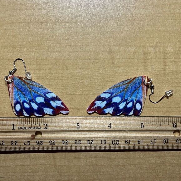 Blue & Red Butterfly Wing Earrings - Picture 2 of 4
